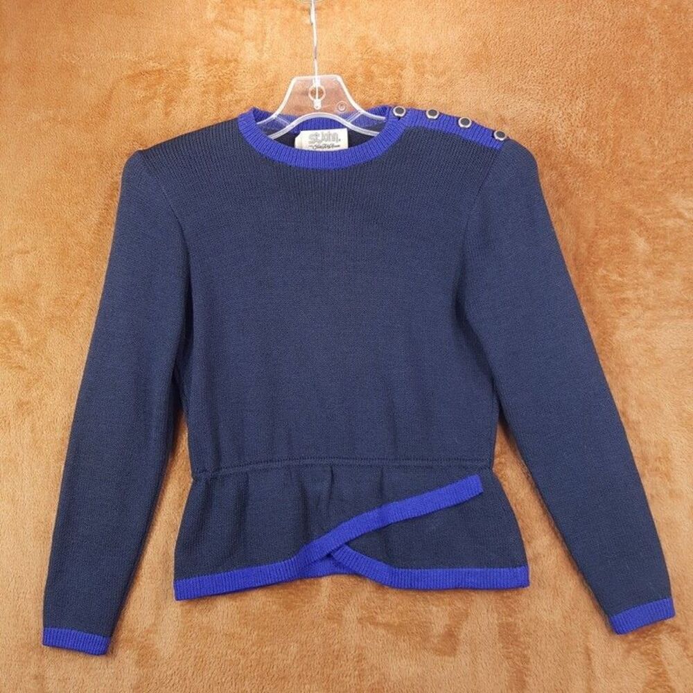 Vintage ST JOHN Sweater Womens Size 2 Gray Pullover Peplum Flare Button Shoulder